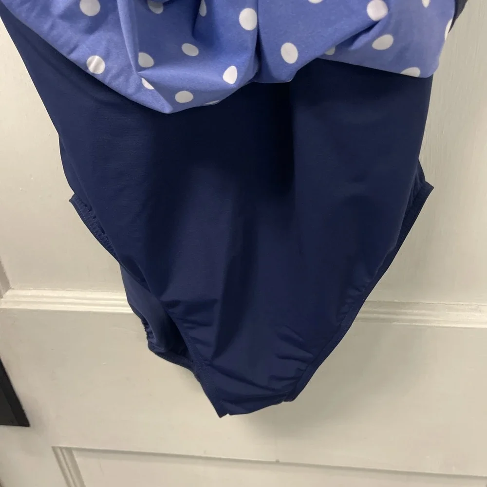 Lands' End Swim Dress Women 14 Polka Dot Twist Front V-Neck Modest One Piece